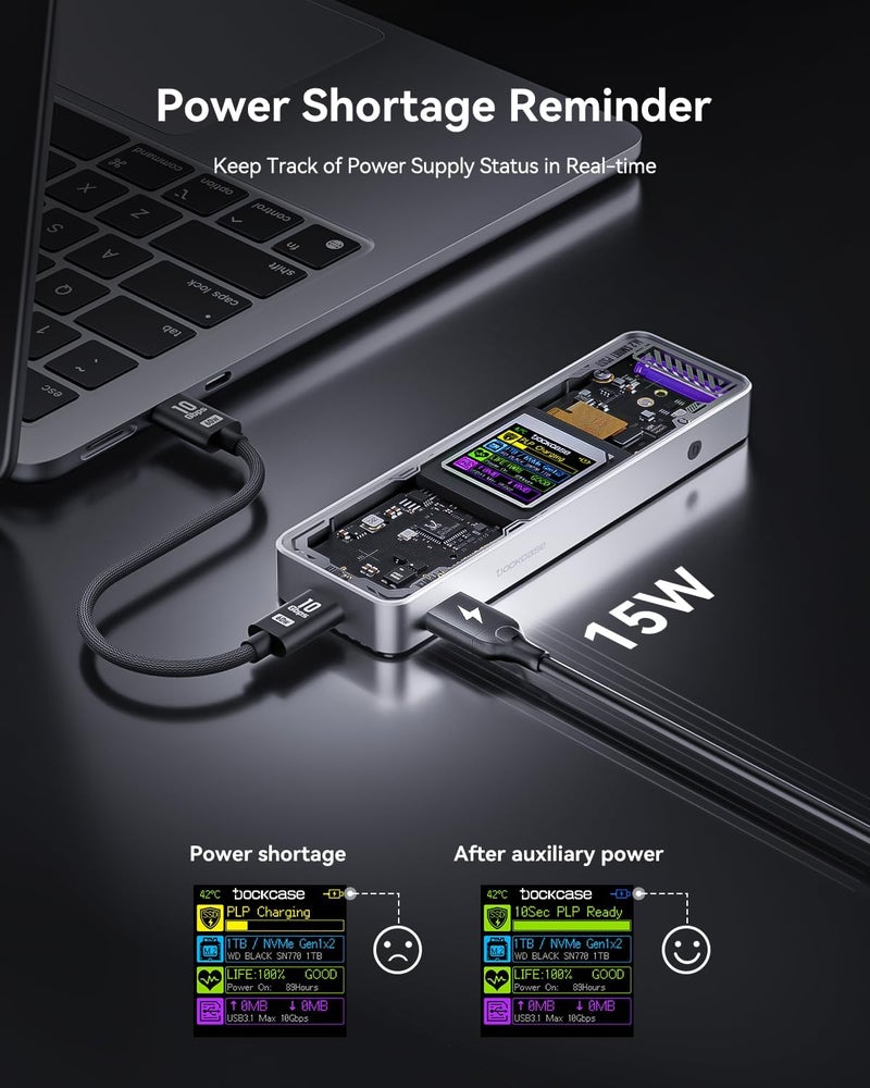 DOCKCASE Explorer Edition M.2 NVMe SSD Enclosure,Support 10s PLP Prevents Write Data Loss,USB 3.2 Gen 2 Type-C (10 Gbps), fits NVMe PCIe,Size 2230/2242/2260/2280,Support M-Key B+M Key UASP - Image 5